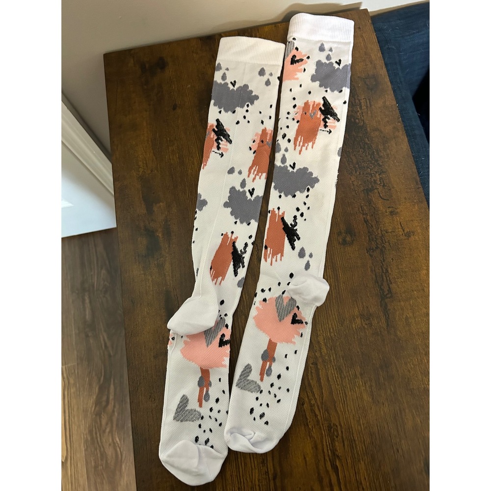 Womens Abstract Heart Print Over The Knee High Socks White Grey Peach L/XL